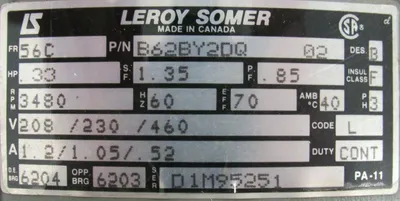 NEW LEROY SOMER B62BY2DQ MOTOR .33HP 3480RPM 208-230/460V 5/8" DIA.
