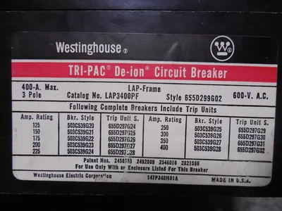 Westinghouse LAP3400PF Tri-Pac Circuit Breaker 400A Frame 400A Trip Used