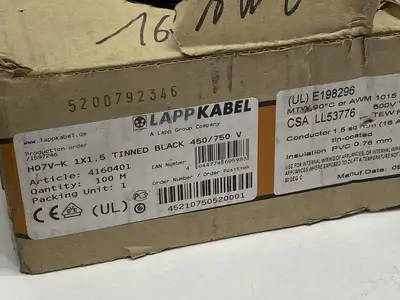 4160401 | LAPP Cable  Hook-Up Wire H07V-K 1x1.5 Black 75m - New Other