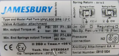 NEW JAMESBURY VPVL600SR4/5BO PNEUMATIC ACTUATOR VPVL600SR45BO