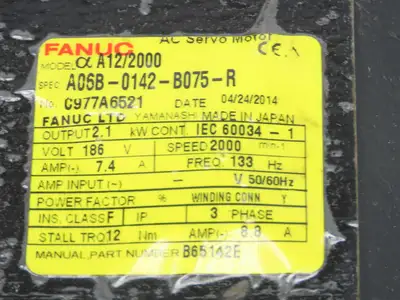 Fanuc A06B0142B075R AC Servo Motor 2.1kW 186V 3Ph 2000RPM Encoder A8600360V501