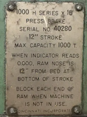 1,000 TON x 20' CINCINNATI MODEL #1000H HYDRAULIC PRESS BRAKE: STOCK #23424