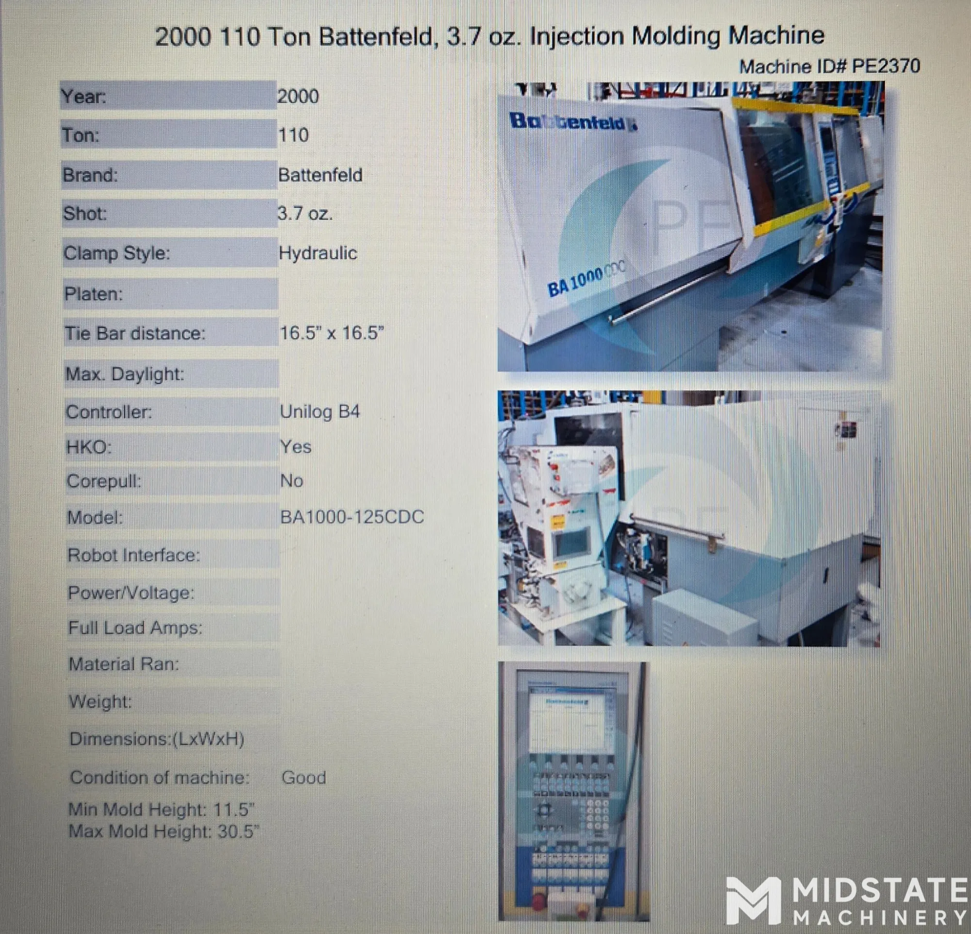 BATTENFELD BA1000/125CDC Injection Molding Machine