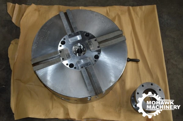 24" ROYAL MACHINE & TOOL 4-JAW SELF-CENTERING HYDRAULIC CHUCK - BRAND NEW NEVER USED - SP MANUFACTURING HYDRAULIC CYLINDER - CENTERING PLUG - 60” ROD - A2-11 OR D2-11 MOUNTING