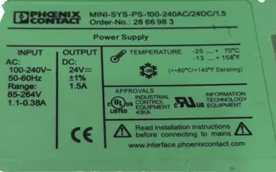 USED PHOENIX CONTACT 2866983 POWER SUPPLY MINI-SYS-PS-100-240AC/24DC/1.5