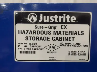 USED JUSTRITE H-1564M-YDIMENSIONS 43 X 18 X 65" HIGHCAPACITY 45 GALLONSSHELVES 2WEIGHT 291 LBS