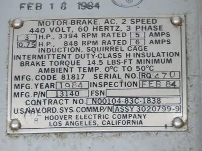 Hoover Electric 13140 Motor Brake 2-Speed 3Hp 3394 RPM 460V 3PH