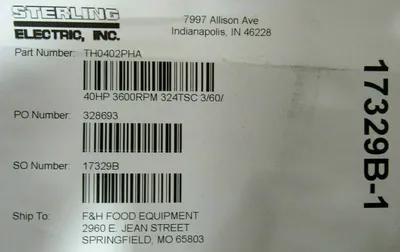 NEW STERLING ELECTRIC TH0402PHA MOTOR 40HP 208-230/460V 3570RPM 324TSC