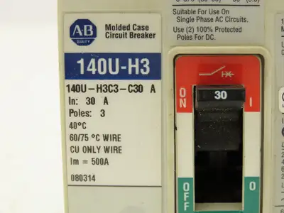 Allen Bradley 140U-H3C3-C30 Circuit Breaker 30A 3 Pole 600V Panel Mount