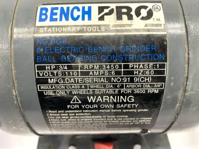 USED BENCH PRO ELECTRIC BENCH GRINDER 6" 3450RPM DAMAGED & MISSING EYE SHIELDS