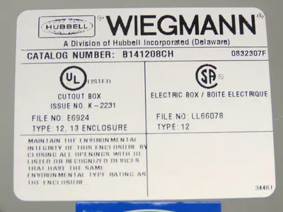 Wiegmann B141208CH Electrical Enclosure 14x12x8" Wall Mount Control Panel