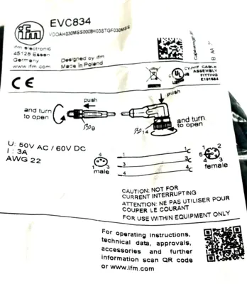 NEW IFM EFECTOR VDOAH030MSS0008H03STGF030MSS EVC834 CONNECTION CABLE LOT OF 4
