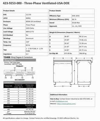 Factory New 112.5 KVA STEP UP Dry Type Transformer 240 Delta 480Y/277 10 Year Warranty 423-9253-000