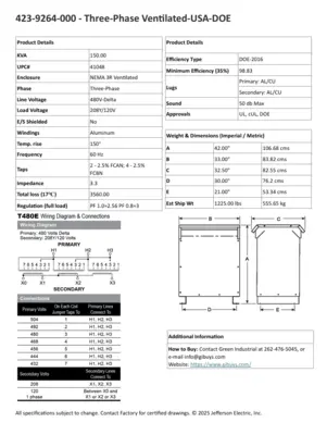 New 150 KVA Dry Type Transformer 480 Delta 208Y/120 10 Year Warranty 423-9264-000 FREE SHIPPING