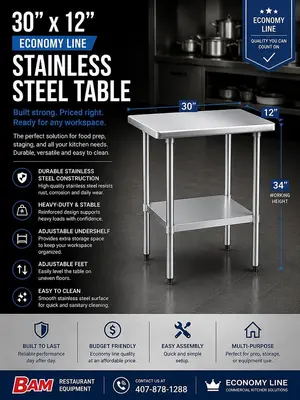 30"x12" Economy Line Stainless Steel Table