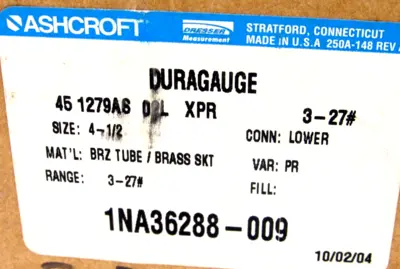 NEW ASHCROFT DURAGAUGE 250-1709A PRESSURE GAUGE 2501709A