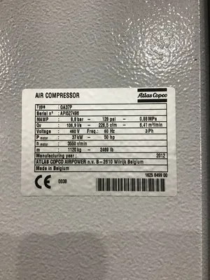 Atlas Copco GA37P Air Compressor 3PH 8,8bar 128PSI 0,88MPa
