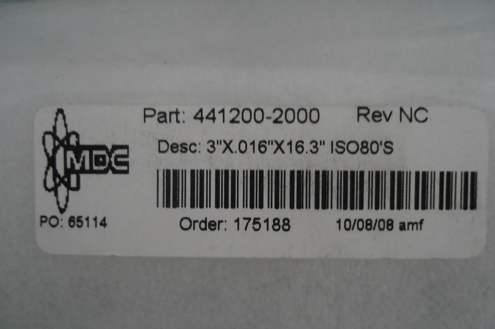 NEW MDC 441200-2000 REV. NC 3''X.016X16.3'' ISO80'S FITTING