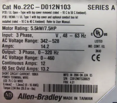 USED ALLEN BRADLEY 22C-D012N103 POWERFLEX 400 SER.A 7.5HP 22CD012N103