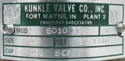 NEW KUNKLE 6010-F01 VALVE RELIEF VALVE 20PSIG SIZE 1 6010F01