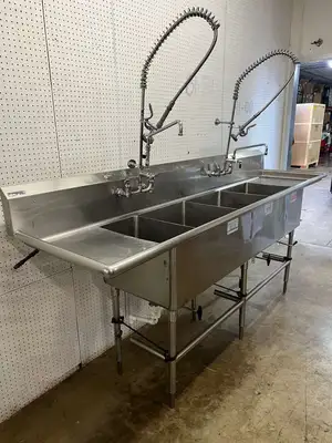 Used Falcon Restaurant Supply Used 108" Stainless 4 compartment Sink with 2 Sprayers and Twist Drains - FG Sinks Illinois US | Falcon Restaurant Supply #1374934