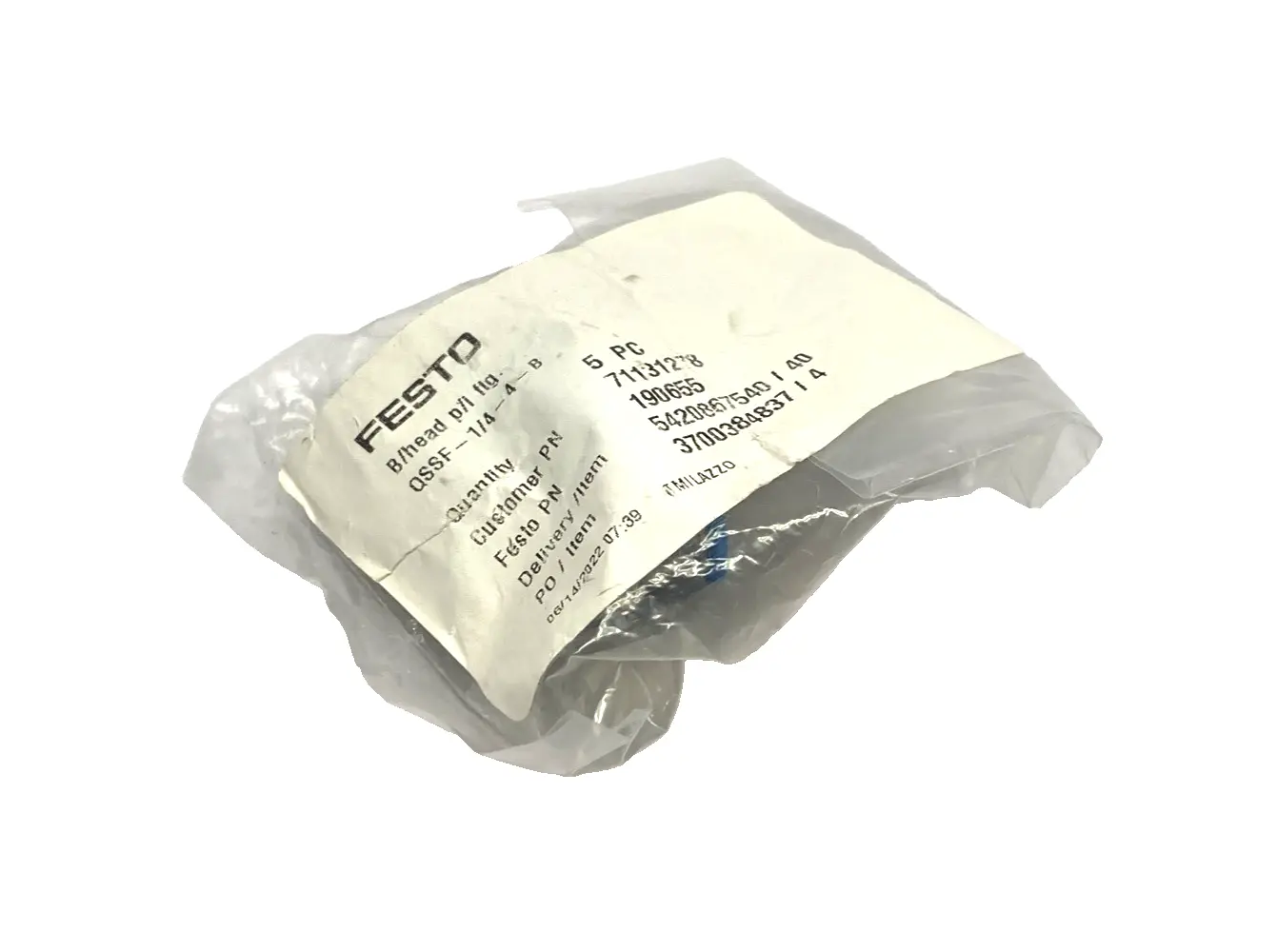 QSSF-1/4-4-B, 190655 | Festo QSSF-1/4-4-B Bulkhead Push-In Fitting 4mm Tube O.D. x G 1/4" 190655 5-PACK - New