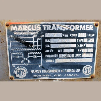 5 KVA 480 - 120/240 Single Phase Indoor Dry Marcus Transformer For Sale