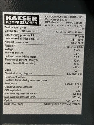 Used 2024 KAESER "SECOTEC TD 73" Refrigerated Air Compressor Dryers Texas US | MachineryMax #1488256