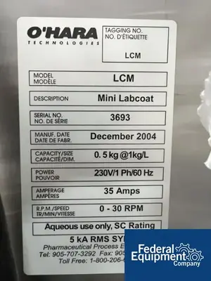 USED O'HARA O'Hara Mini Labcoat Coating Pan, Model LCM Mini