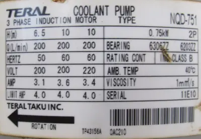 NEW TERAL KYOKUTO NQD-751 COOLANT PUMP NQD751 200-220V 1-3/4" x 2-1/4"