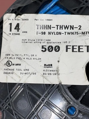 14 AWG Blue Machine Wire 500 ’ PN/14N041 Fast Shipping!+Warranty