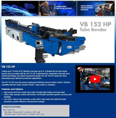6" EATON LEONARD (NEW IN 2012) MODEL #VB152HP 3-AXIS CNC HYDRAULIC TUBE BENDER: STOCK #18103
