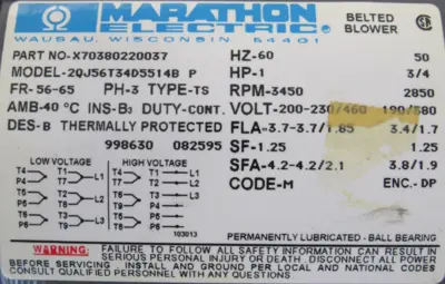 NEW MARATHON X70380220037 MOTOR 1HP 3450 RPM 208-230/460V 5/8" DIA.