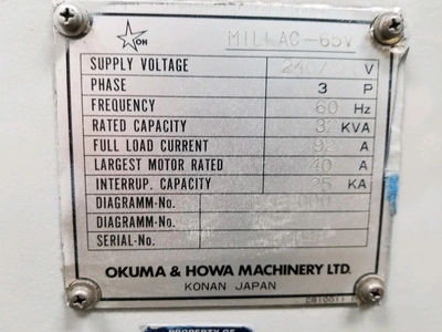 OKUMA & HOWA MILLAC 65V VERTICAL MACHINING 			CENTER