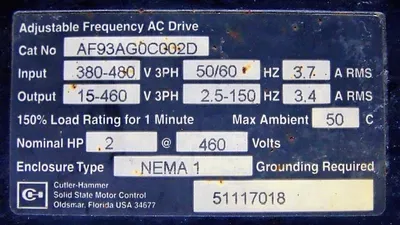 Cutler Hammer AF93AG0C002D 2HP Adjustable Frequency AC Drive Used