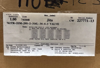 New | in-Stock Alfa Laval 761TR-21M-29S-2-316L-34-4-3 Valves/Fittings Indiana US | J&J Industrial Supply #1542770
