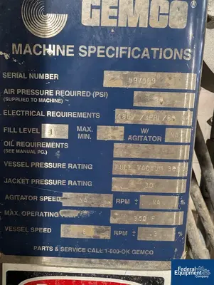 USED Gemco 1 cu ft Gemco Double Cone Dryer, 316L S/S