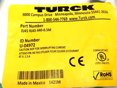 New | in-Stock Turck RJ45 RJ45 440-0.5M, U-04972 PLC Ethernet Equipment Michigan US | Maverick Industrial Sales #1502421
