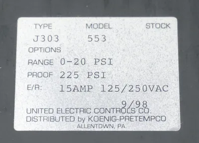 NEW UNITED ELECTRIC J303-553 PRESSURE SWITCH 0-20PSI, 15A, 125/250VAC