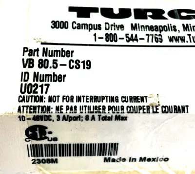 NEW TURCK VB 80.5-CS19 TERMINAL BLOCK CONNECTOR U0217 VB 805CS19