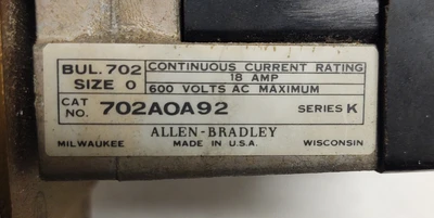 Allen-Bradley 702AOA92  70A83 Size 0 Motor Lighting Contactor 18A 240 Volt Coil