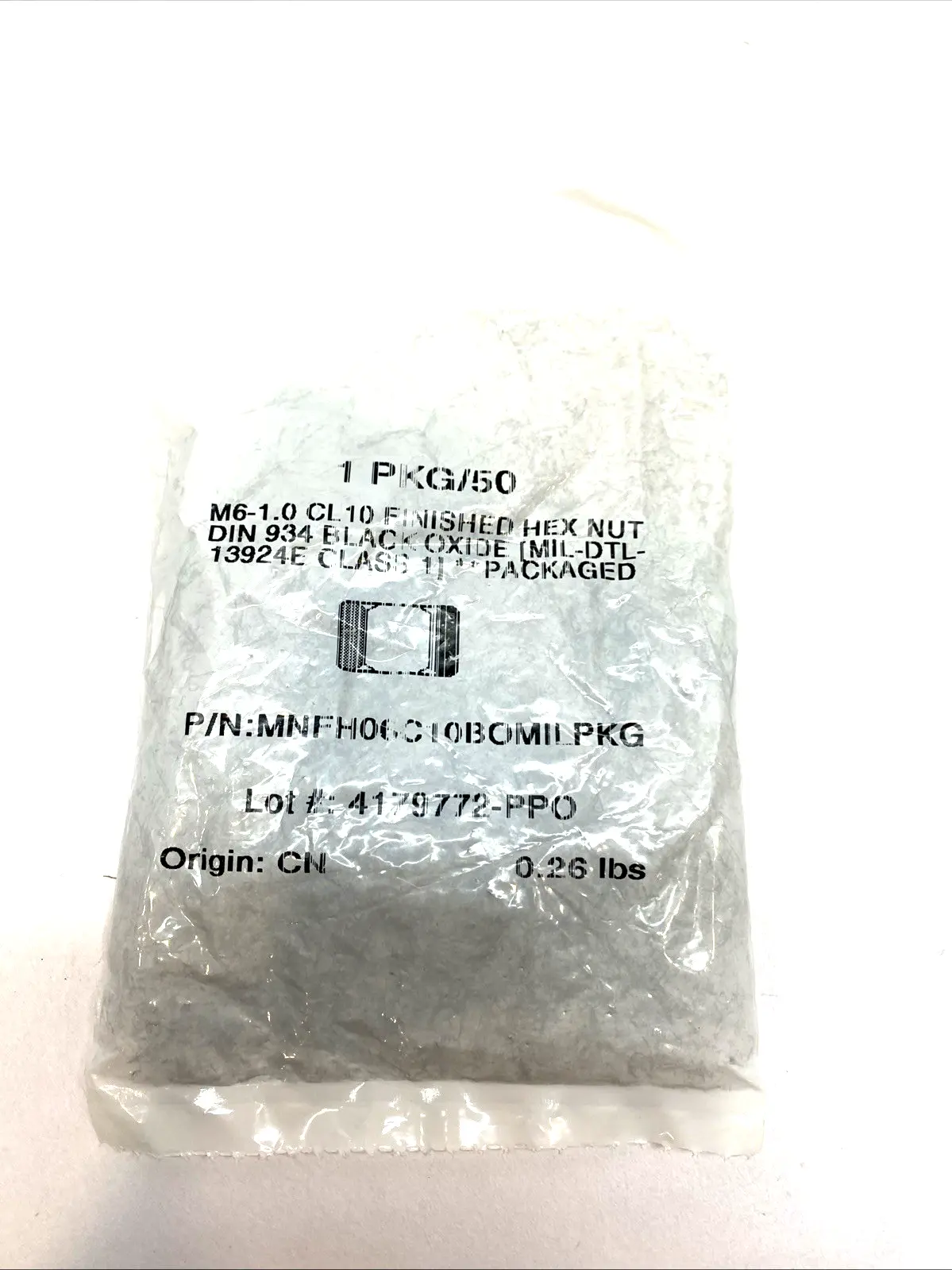 MNFH06C10BOMILPKG | M6‑1.0 Cl 10 Hex Nut, Black Oxide Finish,  PKG 50 - New