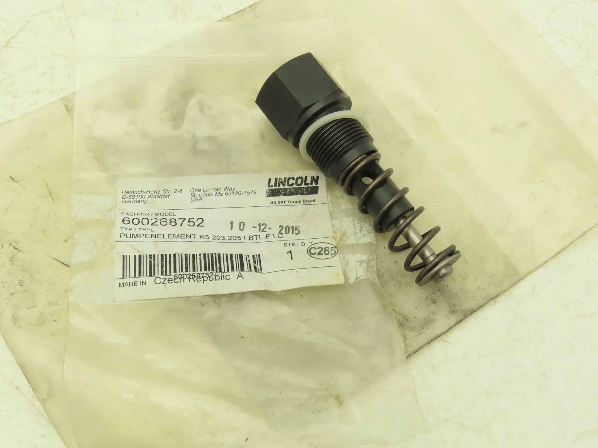 Lincoln 600268752 Pump Element 5mm Piston Dia Oil Or Grease .122 cu-in/min