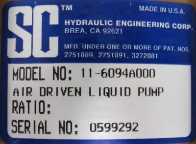 NEW SC HYDRAULIC 11-6094A000 AIR DRIVEN LIQUID PUMP 116094A000