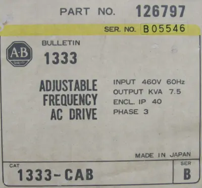 NEW ALLEN BRADLEY 1333-CAB ADJUSTABLE FREQUENCY DRIVE SER.B 460V 126797 1333CAB