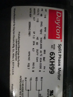1/6 HP Dayton Electric Motor, 1140 rpm, Single Phase