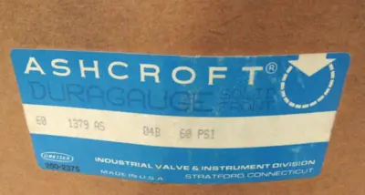 NEW ASHCROFT 60 1379 AS 04B 60 PSI PRESSURE GAUGE ASHCROFT 601379AS04B60