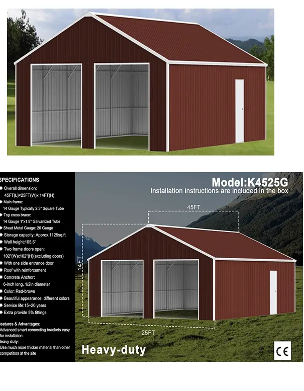 Unused 45FTx25FT  Double Garage  Steel Barn Shed  Model K4525G