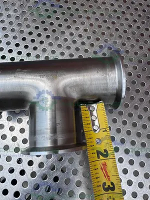 USED 3 WAY 316L STAINLESS STEEL TEE W/ 2" SANITARY FITTINGS & 2" CENTER