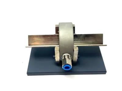 USED MAHR DIMENSIONAIR 2-JET AIR RING GAUGE W/ GUIDE CHUTES & BASE PLATE